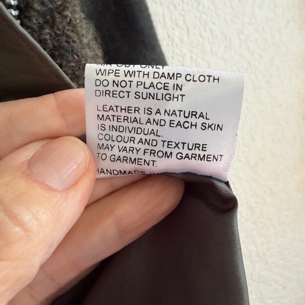 SIR. The Label Mixed Media Boucle Wool Bomber Jacket Olive Green Leather Trim S - Picture 15 of 16